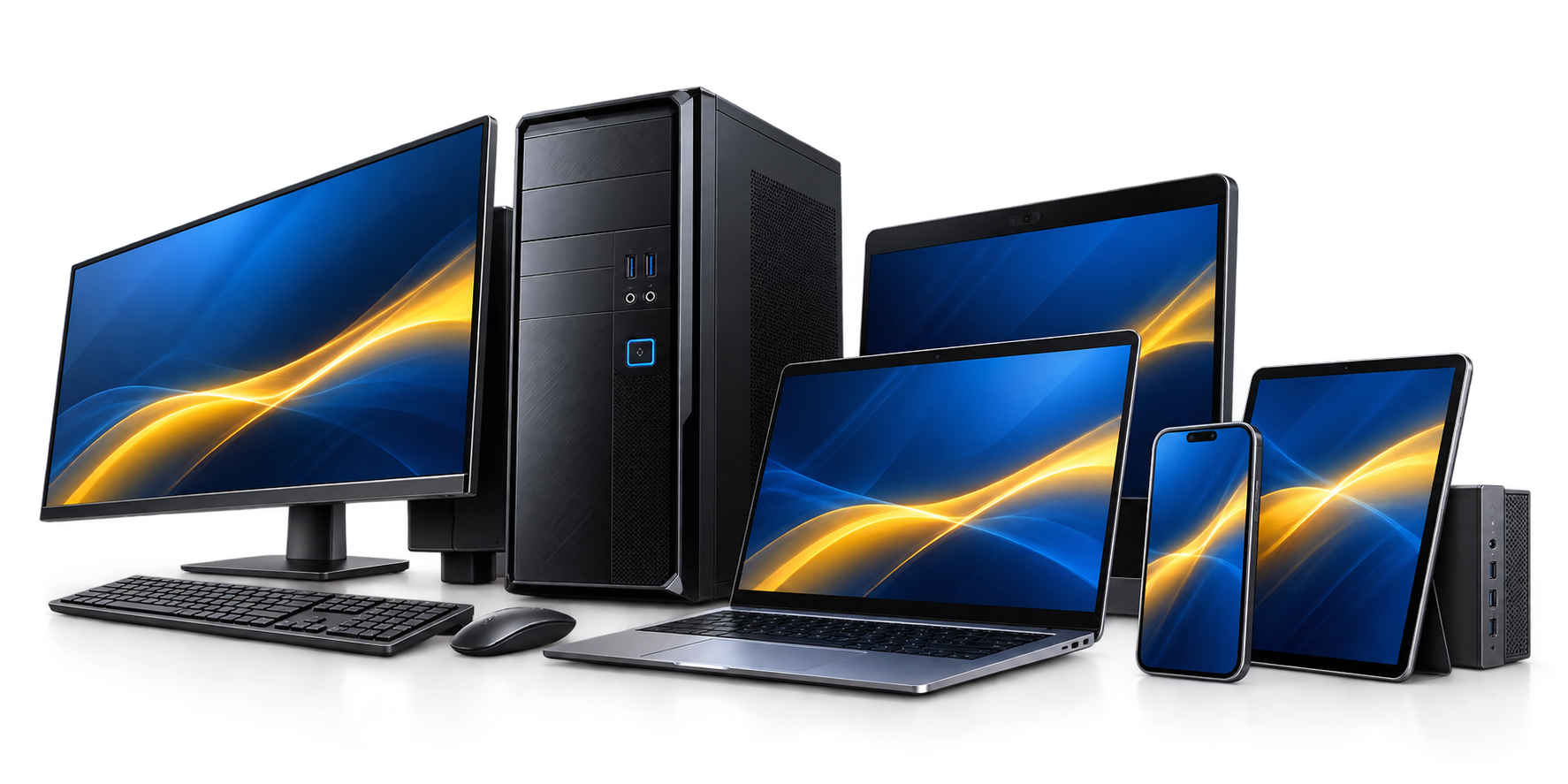 Desktop computer, monitor, laptops, tablet and phone