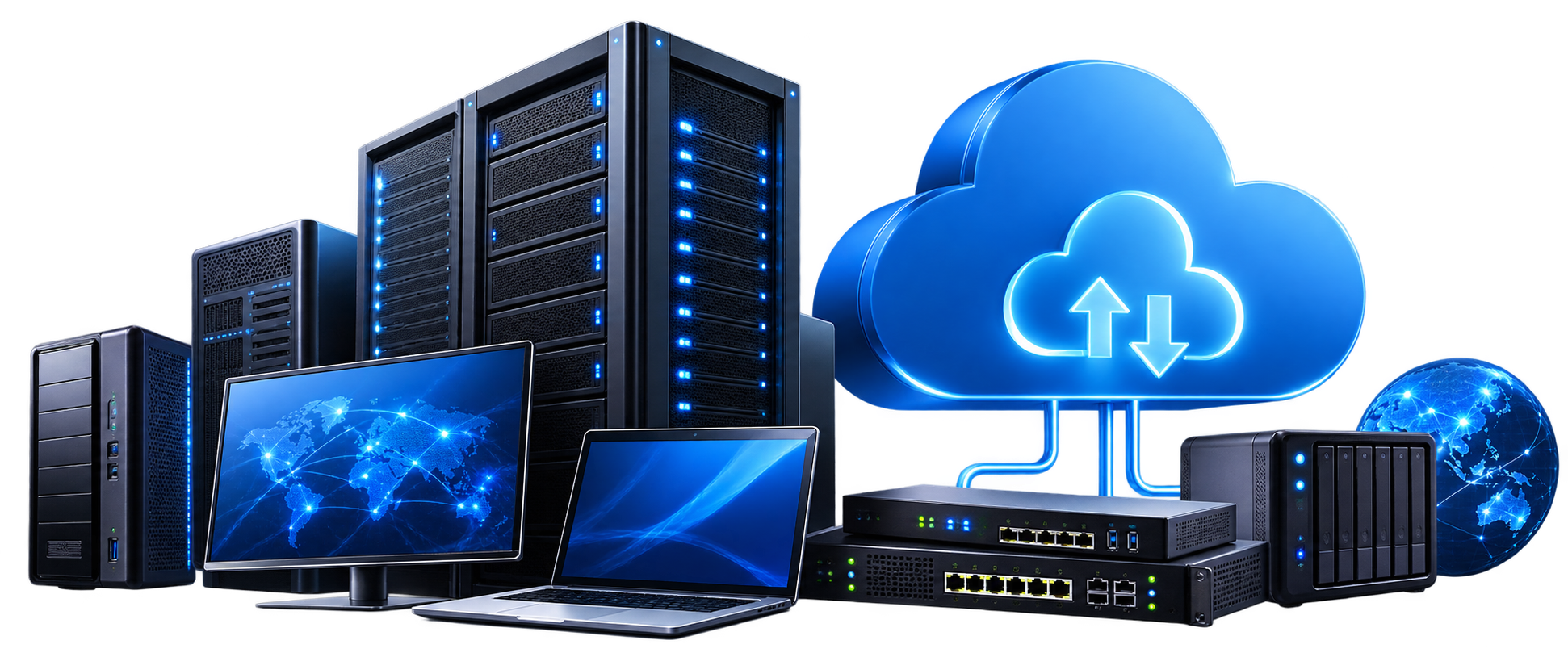 Servers, monitors, network devices and cloud graphic