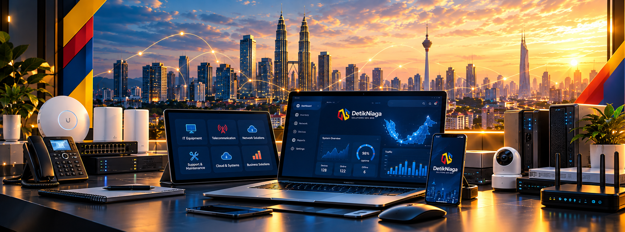 Laptop dashboard and network equipment in front of the Kuala Lumpur skyline at sunset